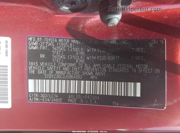 5TDYZ3DC3JS964993 2018 TOYOTA SIENNA Red Вид підкапотного простору