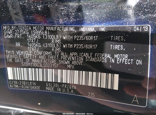 5TDYZ3DC3LS023157 2020 TOYOTA SIENNA Black ძრავის განყოფილების ხედი