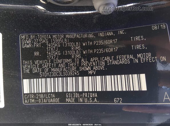 5TDYZ3DC3LS039245 2020 TOYOTA SIENNA Black Շարժիչի բաժամունքի տեսք