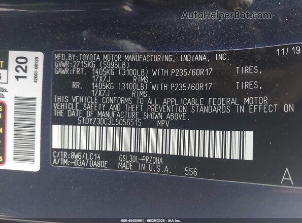 5TDYZ3DC3LS056515 2020 TOYOTA SIENNA Dark Blue Vista del compartimento del motor