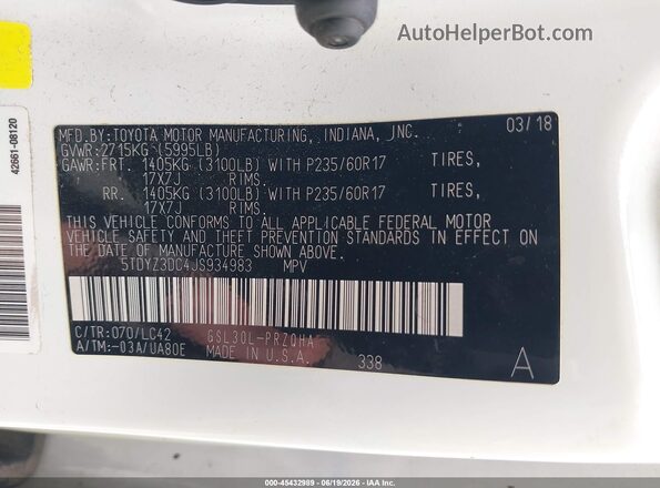 5TDYZ3DC4JS934983 2018 TOYOTA SIENNA Белый Вид подкапотного пространства