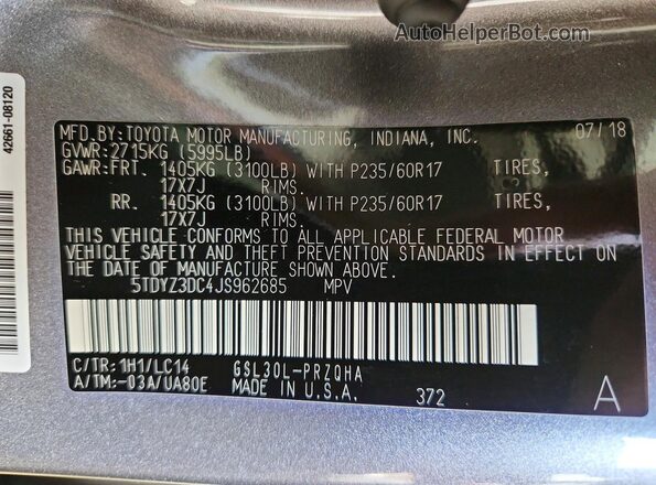 5TDYZ3DC4JS962685 2018 TOYOTA SIENNA Серый Панорамный вид салона 360°