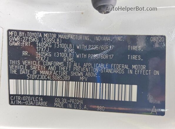 5TDYZ3DC4LS085389 2020 TOYOTA SIENNA White Widok naklejki z numerem VIN