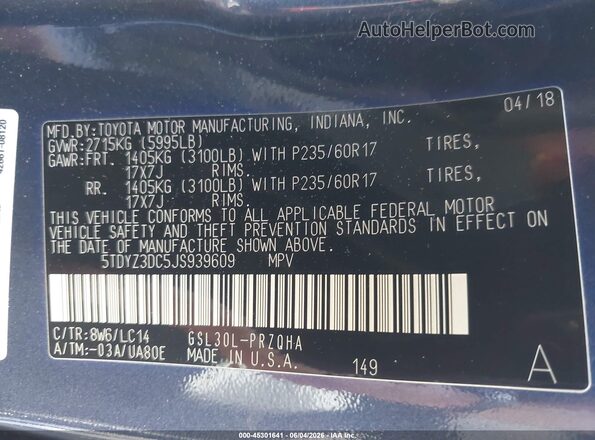 5TDYZ3DC5JS939609 2018 TOYOTA SIENNA Blue Vista del compartimento del motor