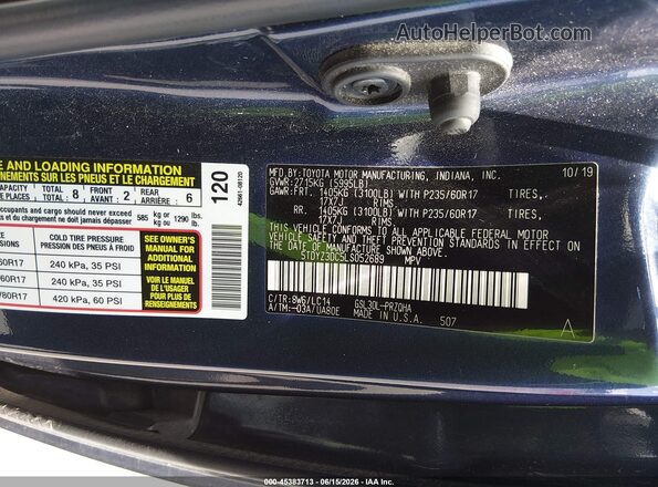 5TDYZ3DC5LS052689 2020 TOYOTA SIENNA Blue ძრავის განყოფილების ხედი