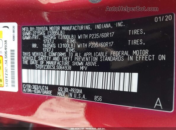 5TDYZ3DC5LS064938 2020 TOYOTA SIENNA Red Engine compartment view