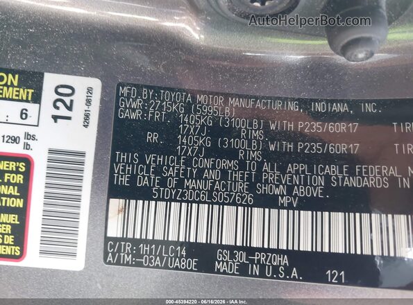 5TDYZ3DC6LS057626 2020 TOYOTA SIENNA Gray Vista del compartimento del motor