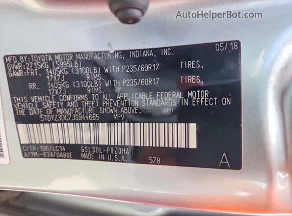 5TDYZ3DC7JS944665 2018 TOYOTA SIENNA Silver Widok naklejki z numerem VIN
