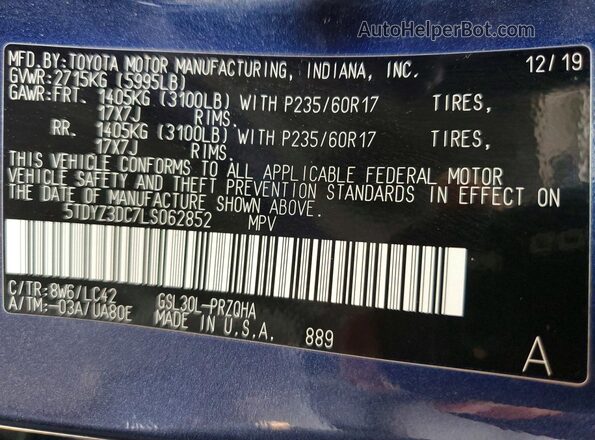 5TDYZ3DC7LS062852 2020 TOYOTA SIENNA Blue Панорамний вид салону 360°