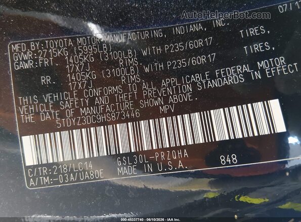 5TDYZ3DC9HS873446 2017 TOYOTA SIENNA Black Vista del compartimento del motor