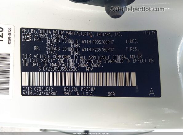 5TDYZ3DC9JS902630 2018 TOYOTA SIENNA White Вид підкапотного простору