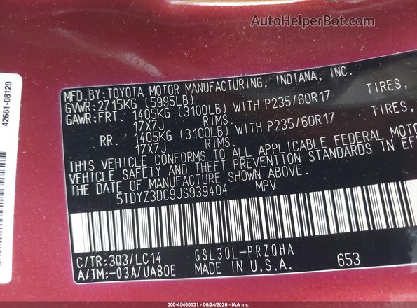 5TDYZ3DC9JS939404 2018 TOYOTA SIENNA Burgundy Вид підкапотного простору