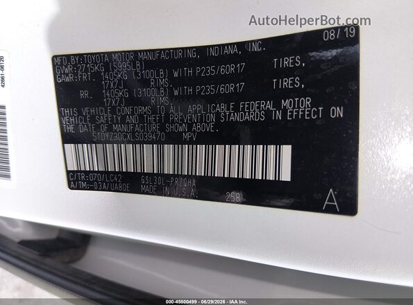 5TDYZ3DCXLS039470 2020 TOYOTA SIENNA Белый Вид подкапотного пространства