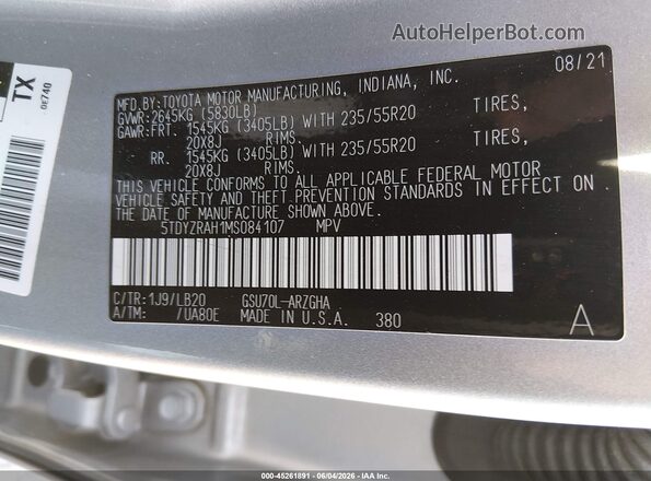 5TDYZRAH1MS084107 2021 TOYOTA HIGHLANDER Серебряный Вид подкапотного пространства