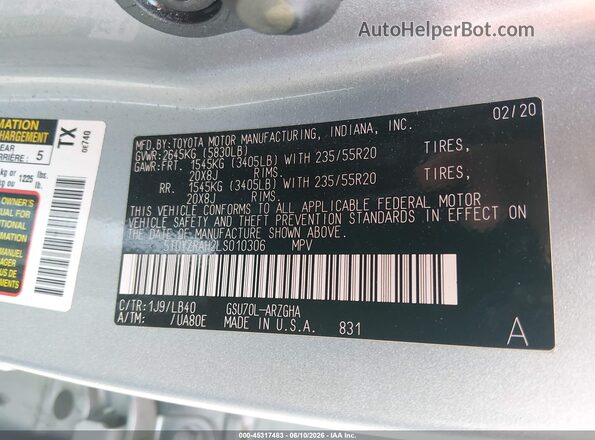 5TDYZRAH2LS010306 2020 TOYOTA HIGHLANDER Silver Вид підкапотного простору
