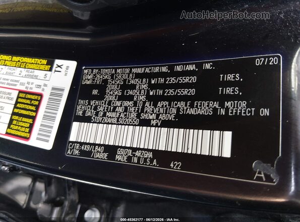 5TDYZRAH8LS020550 2020 TOYOTA HIGHLANDER Black Vista del compartimento del motor