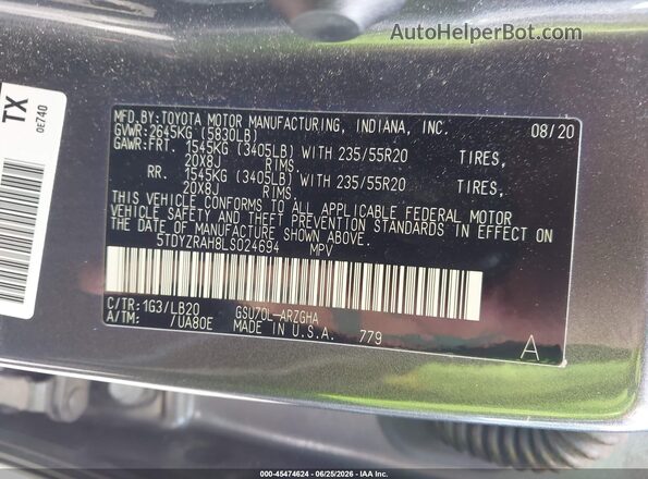 5TDYZRAH8LS024694 2020 TOYOTA HIGHLANDER Gray Շարժիչի բաժամունքի տեսք