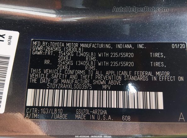 5TDYZRAHXLS003975 2020 TOYOTA HIGHLANDER Gray Vista del compartimento del motor