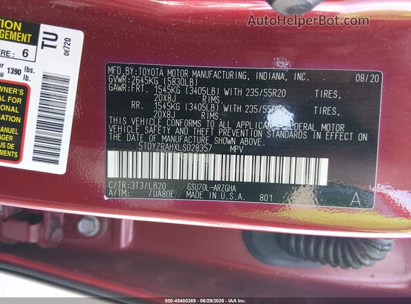 5TDYZRAHXLS028357 2020 TOYOTA HIGHLANDER Red Vista del compartimento del motor