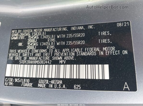 5TDYZRAHXMS083442 2021 TOYOTA HIGHLANDER Blue Շարժիչի բաժամունքի տեսք