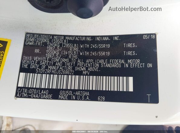 5TDYZRFH0JS268622 2018 TOYOTA HIGHLANDER White Вид підкапотного простору