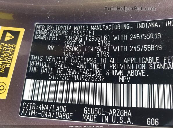 5TDYZRFH0JS275232 2018 TOYOTA HIGHLANDER Pewter Engine compartment view