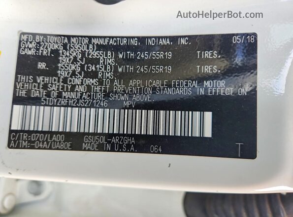 5TDYZRFH2JS271246 2018 TOYOTA HIGHLANDER White 