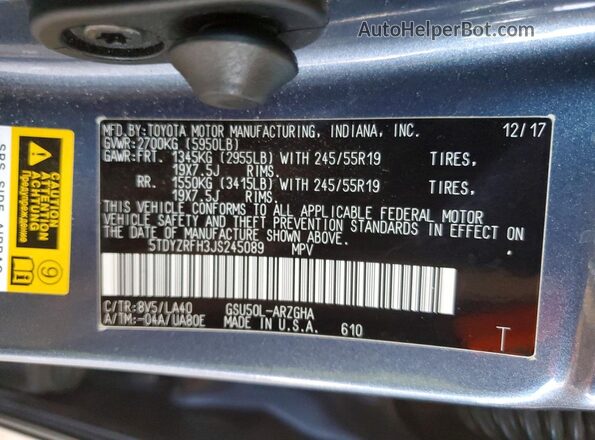 5TDYZRFH3JS245089 2018 TOYOTA HIGHLANDER Gray Вид наклейки з VIN-кодом