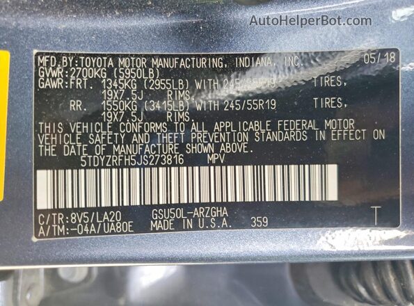 5TDYZRFH5JS273816 2018 TOYOTA HIGHLANDER Синий Панорамный вид салона 360°