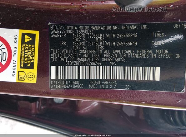 5TDYZRFH5JS286744 2018 TOYOTA HIGHLANDER Red Widok komory silnika