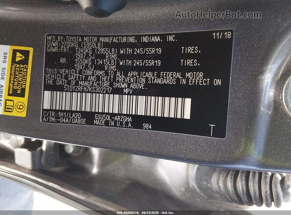 5TDYZRFH7KS302217 2019 TOYOTA HIGHLANDER Серый Вид подкапотного пространства