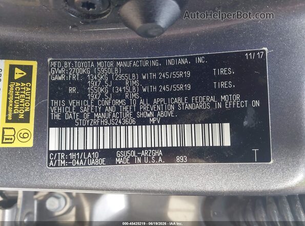 5TDYZRFH9JS243606 2018 TOYOTA HIGHLANDER Gray Engine compartment view