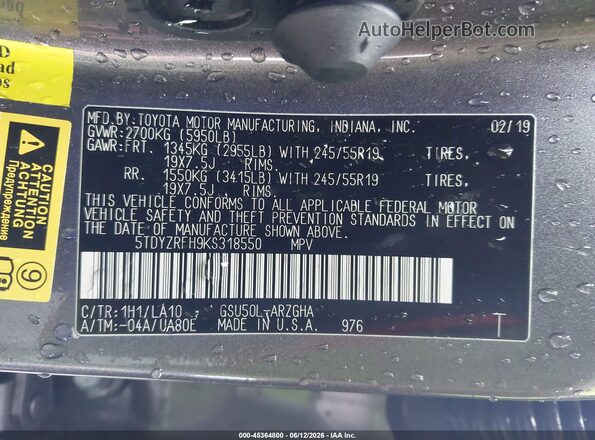 5TDYZRFH9KS318550 2019 TOYOTA HIGHLANDER Gray Engine compartment view