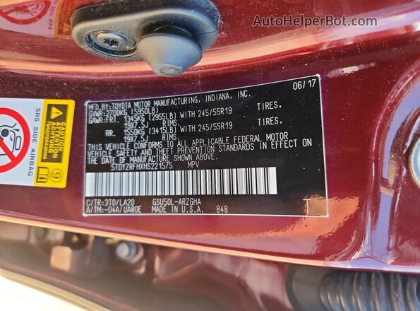 5TDYZRFHXHS221575 2017 TOYOTA HIGHLANDER Burgundy 