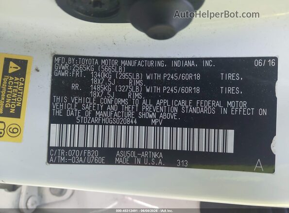 5TDZARFH0GS020844 2016 TOYOTA HIGHLANDER White Вид підкапотного простору