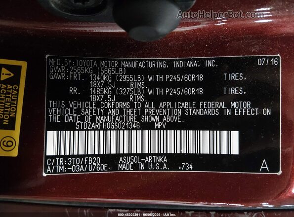 5TDZARFH0GS021346 2016 TOYOTA HIGHLANDER Maroon Widok komory silnika
