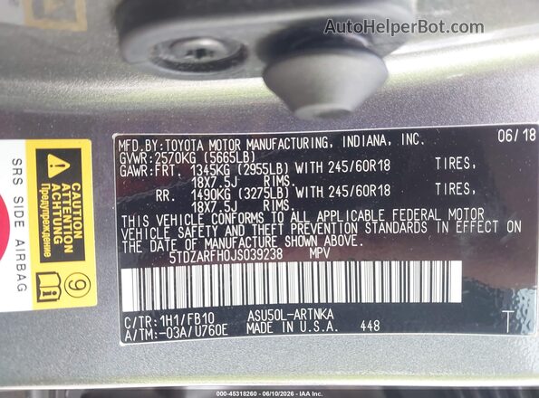 5TDZARFH0JS039238 2018 TOYOTA HIGHLANDER Gray Вид підкапотного простору