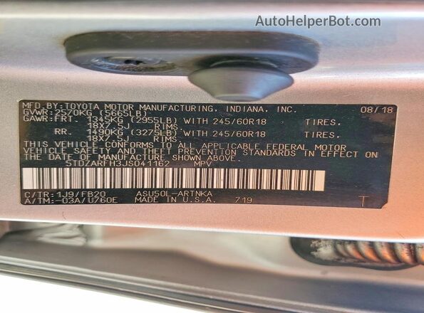 5TDZARFH3JS041162 2018 TOYOTA HIGHLANDER Silver 