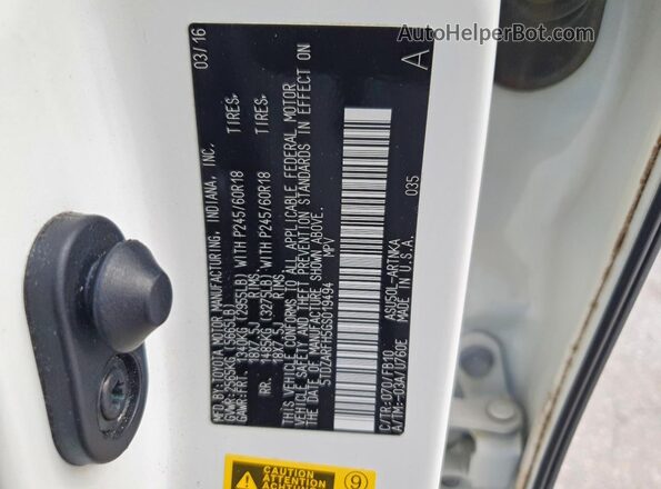 5TDZARFH5GS019494 2016 TOYOTA HIGHLANDER White VIN sticker view