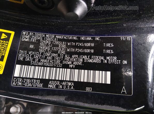 5TDZARFH9GS017232 2016 TOYOTA HIGHLANDER Black Вид підкапотного простору