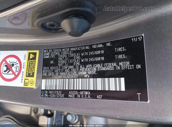 5TDZARFHXJS034337 2018 TOYOTA HIGHLANDER Gray Вид підкапотного простору