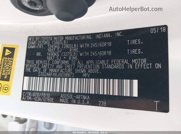 5TDZARFHXJS038873 2018 TOYOTA HIGHLANDER Белый Вид подкапотного пространства