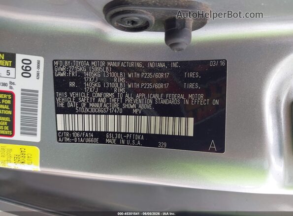 5TDZK3DC6GS717470 2016 TOYOTA SIENNA Silver Շարժիչի բաժամունքի տեսք
