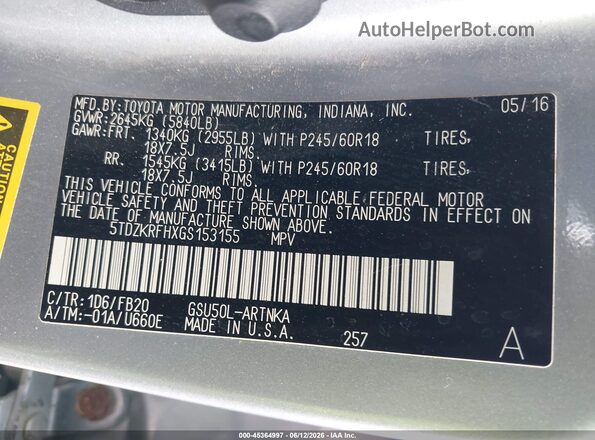 5TDZKRFHXGS153155 2016 TOYOTA HIGHLANDER Silver 