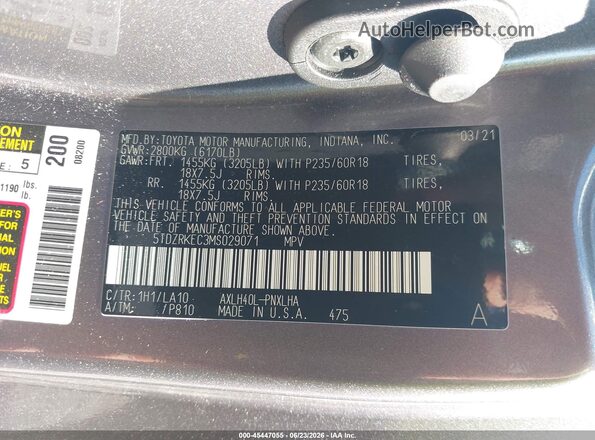 5TDZRKEC3MS029071 2021 TOYOTA SIENNA Gray Вид підкапотного простору