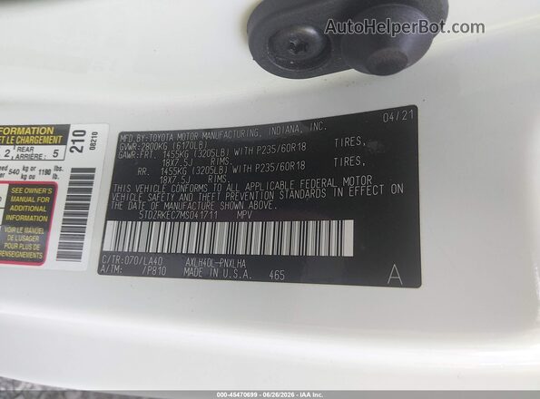 5TDZRKEC7MS041711 2021 TOYOTA SIENNA White Շարժիչի բաժամունքի տեսք