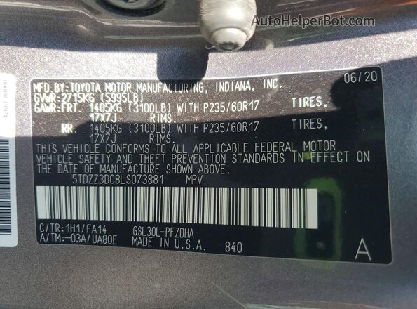 5TDZZ3DC8LS073881 2020 TOYOTA SIENNA Gray Widok wnętrza 360 stopni
