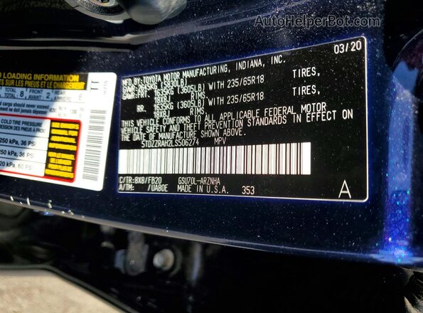 5TDZZRAH2LS506274 2020 TOYOTA HIGHLANDER Blue Սալոնի 360 աստիճան տեսք