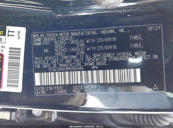 5TDZZRAH3MS080466 2021 TOYOTA HIGHLANDER Black Вид підкапотного простору