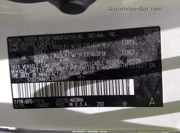 5TDZZRAH7LS009592 2020 TOYOTA HIGHLANDER Белый Вид подкапотного пространства